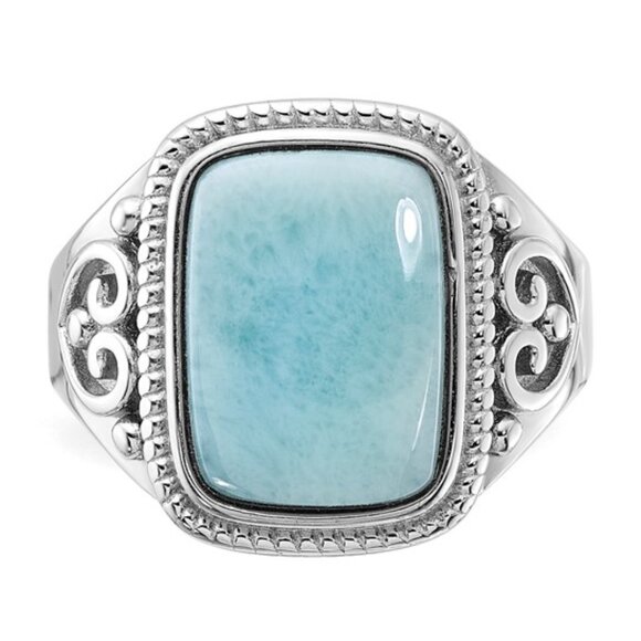 Sterling Silver Rhodium-Plated Oxidized Rectangular Larimar Ring – Filigree Desi - Picture 5 of 7